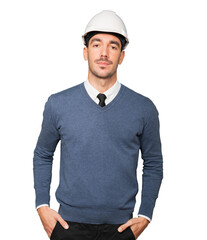 Concerned young architect posing. Isolated