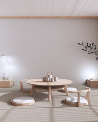 Minimalist Tea ceremony room mock up in bleached and beige tones, japanese style. Table and chairs, tatami mats. Japandi interior design