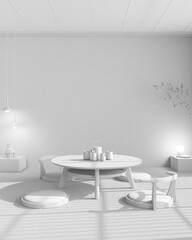 Total white project draft, japandi Tea ceremony room, japanese style. Table and chairs, tatami mats. Japanese minimalist interior design