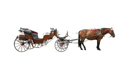 Brown horse and old classic open carriage coach isolated - 529658575