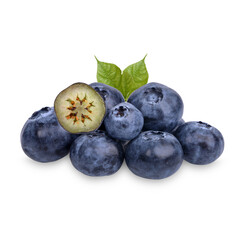 Fresh blueberry with leaves isolated on transparent background (.PNG)