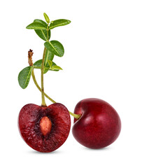 Cherry with lesves isolated on transparent background (.PNG)