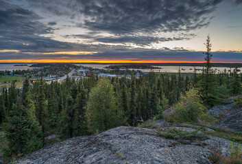 Sunrise over Old Town and Great Slave Lake at Yellowknife Northwest Territories