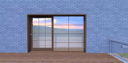 Swinging front door to a wooden terrace. The box is made of oak. Glass mirror inserts. To the right is a glass panel railing. The wall is finished with gypsum tiles under gray brick 3d render.