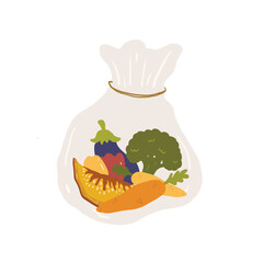 Plastic groceries bag with vegetables on white background