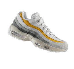 White sneaker with yellow accents on a transparent background, png, fashion, sport shoe,  air, sneakers, lifestyle, concept, product photo,  levitation concept, street wear, trainer - obrazy, fototapety, plakaty