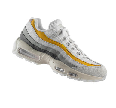 White Sneaker With Yellow Accents On A Transparent Background, Png, Fashion, Sport Shoe,  Air, Sneakers, Lifestyle, Concept, Product Photo,  Levitation Concept, Street Wear, Trainer