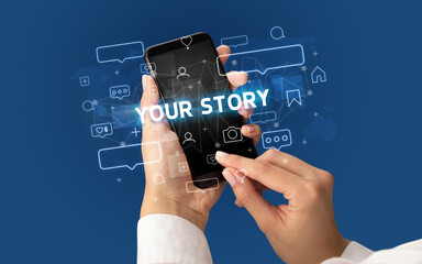 Hand using smartphone with social media concept