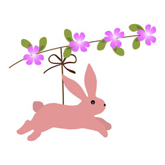 Pink Easter Bunny with a branch of flowers. Vector illustration. For cards, invitations, stickers, prints and posters, holidays and parties.