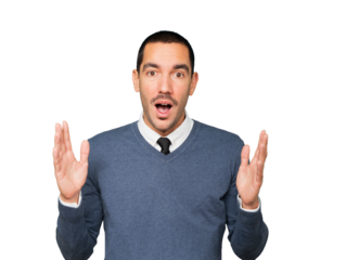 Amazed young man looking up gesture