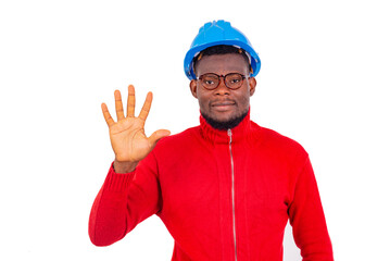 young man engineer showing five fingers.