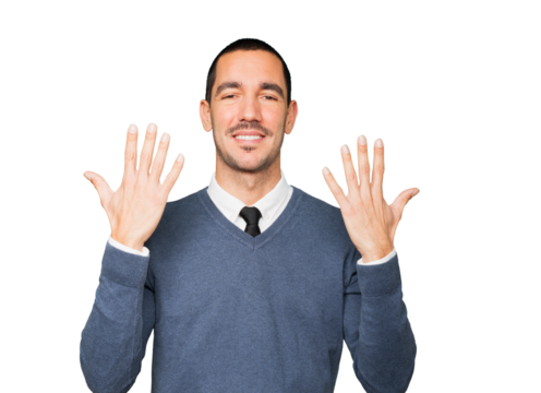 Young man making a number ten gesture