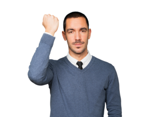 Serious young man with his fist up
