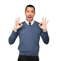 Fototapeta premium Surprised young man with a gesture of approval