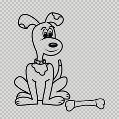 smiling dog and bone, black color, line art, contour drawing, transparent vector illustration, checkered background
