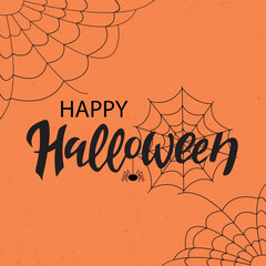 Happy Halloween, black letters with a spider and a web on the orange background.  Vector illustration. Hand digital lettering for a banner, a poster, greeting card, an invitation to a party. Holiday