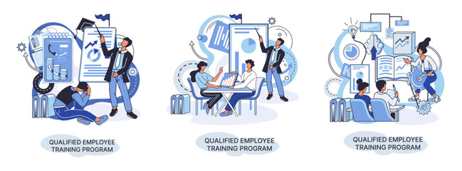 Qualified employee training program. Refresher course metaphor. Help in professional development. Learning for software development and growth. Agile project management team project life scrum meeting