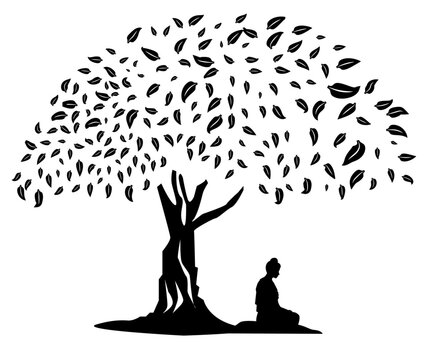 Seated Buddha meditating with a tree on a white background