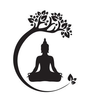 recommend clip art: Seated Buddha meditating with a tree on a white background