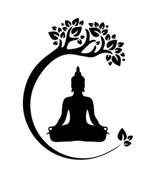recommend clip art: Seated Buddha meditating with a tree on a white background