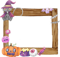 Happy Halloween frame with wood watercolor. 