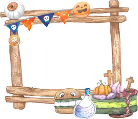 Happy Halloween frame with wood watercolor. 