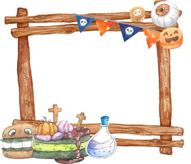 Happy Halloween frame with wood watercolor. 