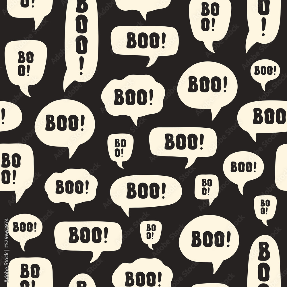 Aufkleber abstract seamless pattern with halloween design of speech bubble and word boo on black background. b