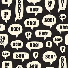 Abstract seamless pattern with  halloween design of  speech bubble and word BOO on black background. Black and white colors. Vector illustration
