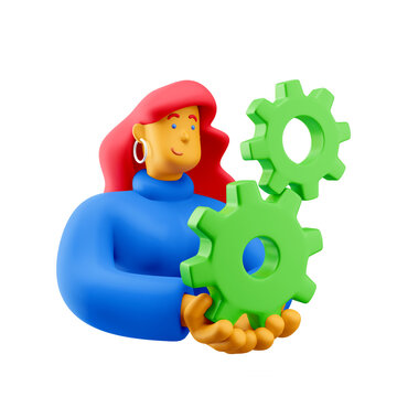 3d illustration. Cartoon girl 3d character with cogwheel. Concept of personal settings.