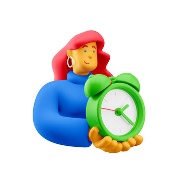 3d illustration. Cartoon girl 3d character with big watch. Time management concept.