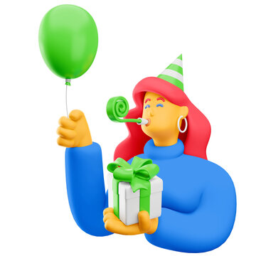 3d illustration. Cartoon girl 3d character with gift box and balloon. Birthday celebrating illustration.