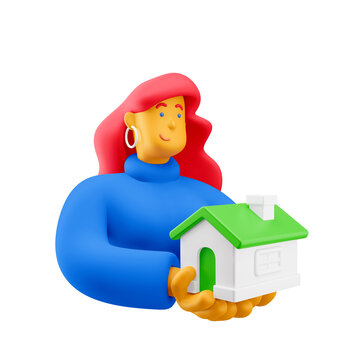 3d illustration. Cartoon girl 3d character with small house.