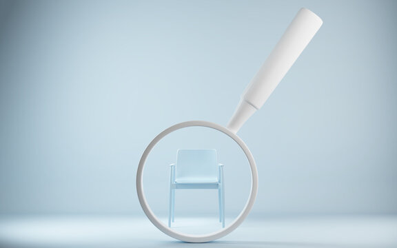 Searching for a new job opportunity. Office chair with magnifying glass. Recruitment concept. 3D Render