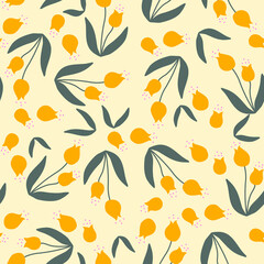 Vector seamless spring floral pattern with small yellow flowers on a yellow pastel background.