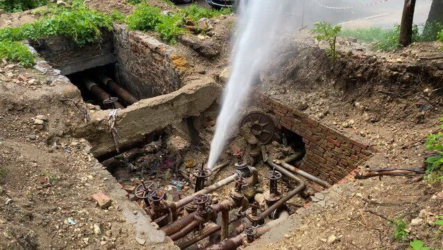 Water burst pipeline damage in Simferopol, Crimea, Russia.