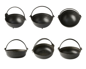 Set black cast iron pan black color. isolated on white background.