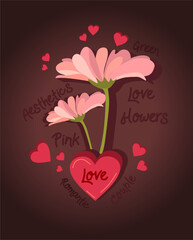 Two pink fluffy flowers come out of a red heart. A bouquet of hearts. Brown background. The candle-heart burns with a bright fire.