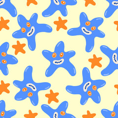 Seamless autumnal halloween monster vector pattern with blue cartoon star with smyling faces on pale yellow background for kids textile apparel and gift or wrapping paper