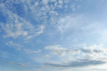 white clouds scattered in the sky, fluffy white clouds in a bright blue sky with sunlight