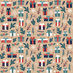 Christmas gift boxes seamless pattern. Hand drawn background