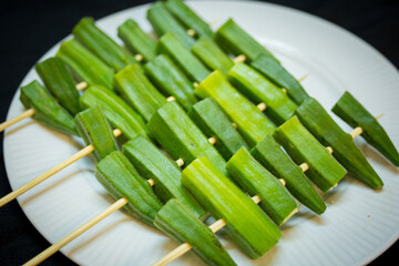 Close up Green Vegetables Okra on a plate 
