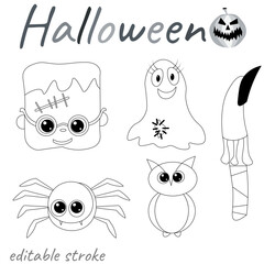 Happy Halloween. Set of ghost, owl, spider and severed finger. Halloween coloring page.