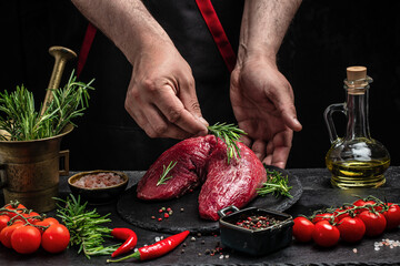 male hands holding beef meat on a dark background, Whole piece of tenderloin with steaks and spices ready to cook, Long banner format