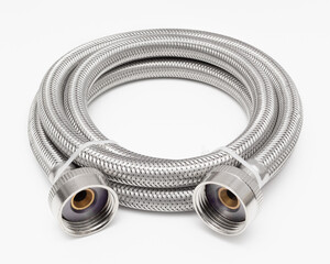 Flexible metal plumbing hose on white surface
