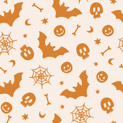 Seamless pattern with mustard halloween silhouette elements on a light background. Vector illustration