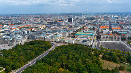 Berlin aerial skyline in Germany. Brandenburg Gate (Brandenburger Tor) Historical place, Reichstag...