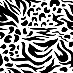 Leopard and zebra abstract seamless pattern. Animal skin vector background. Black and white texture