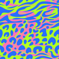 Leopard and zebra abstract seamless pattern. Animal skin vector background. Psychedelic neon texture
