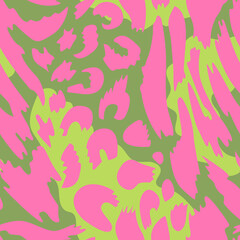 Leopard and zebra abstract seamless pattern. Animal skin vector background. Psychedelic neon texture
